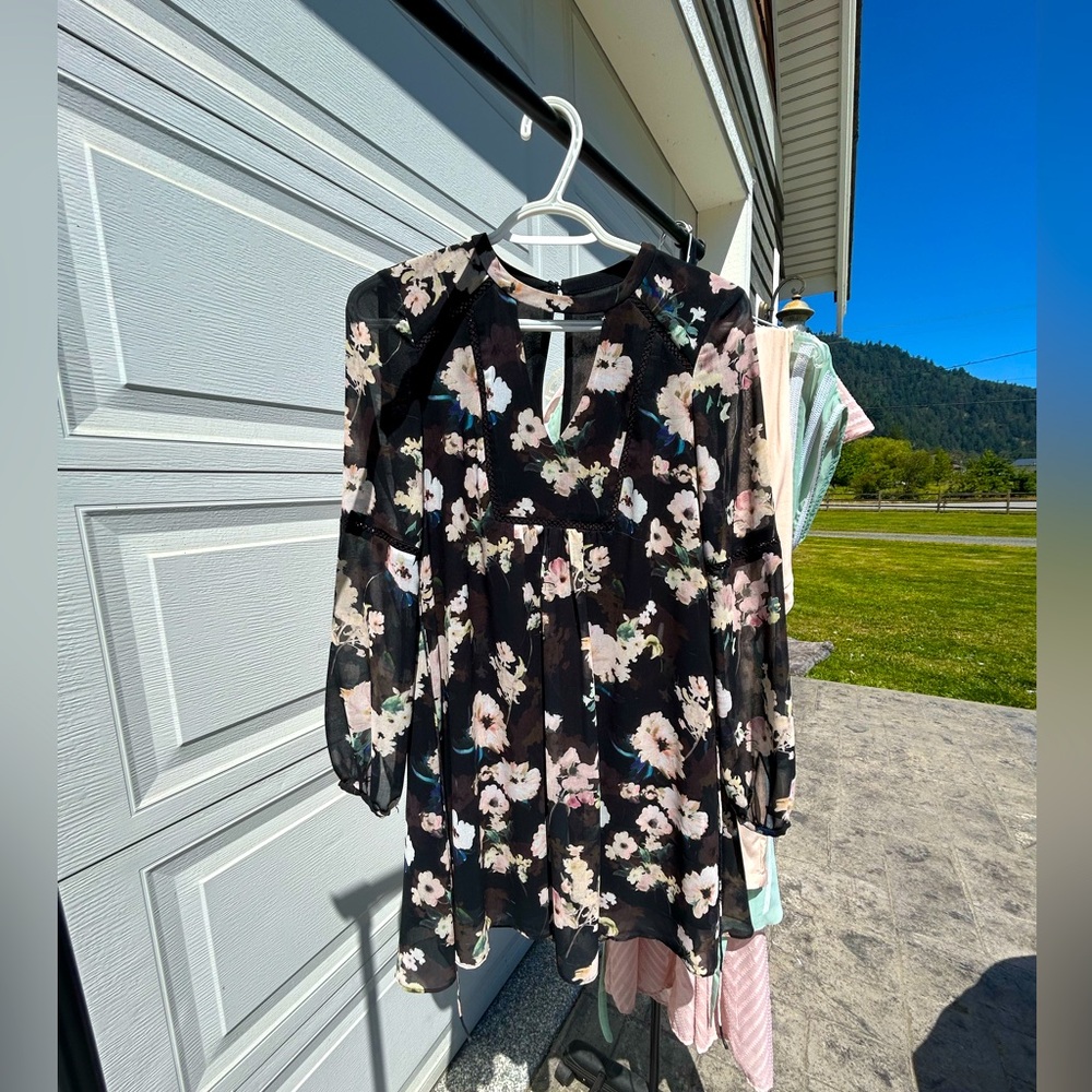 Long sleeved EverNew dress black with pink flowers spring or early fall